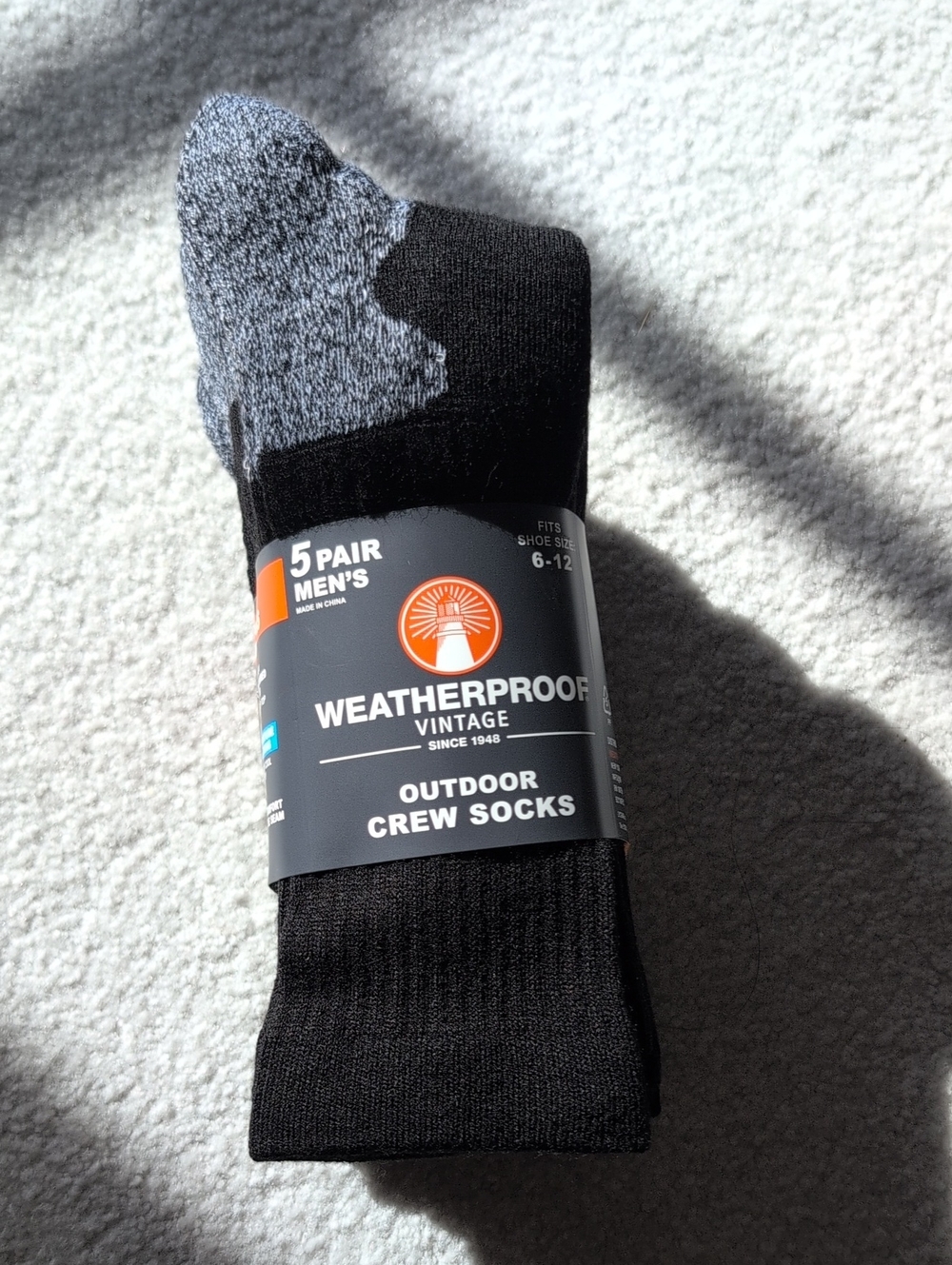 NWT Weatherproof Men's Black and Gray Outdoor Crew Socks - 5 Pairs Pack